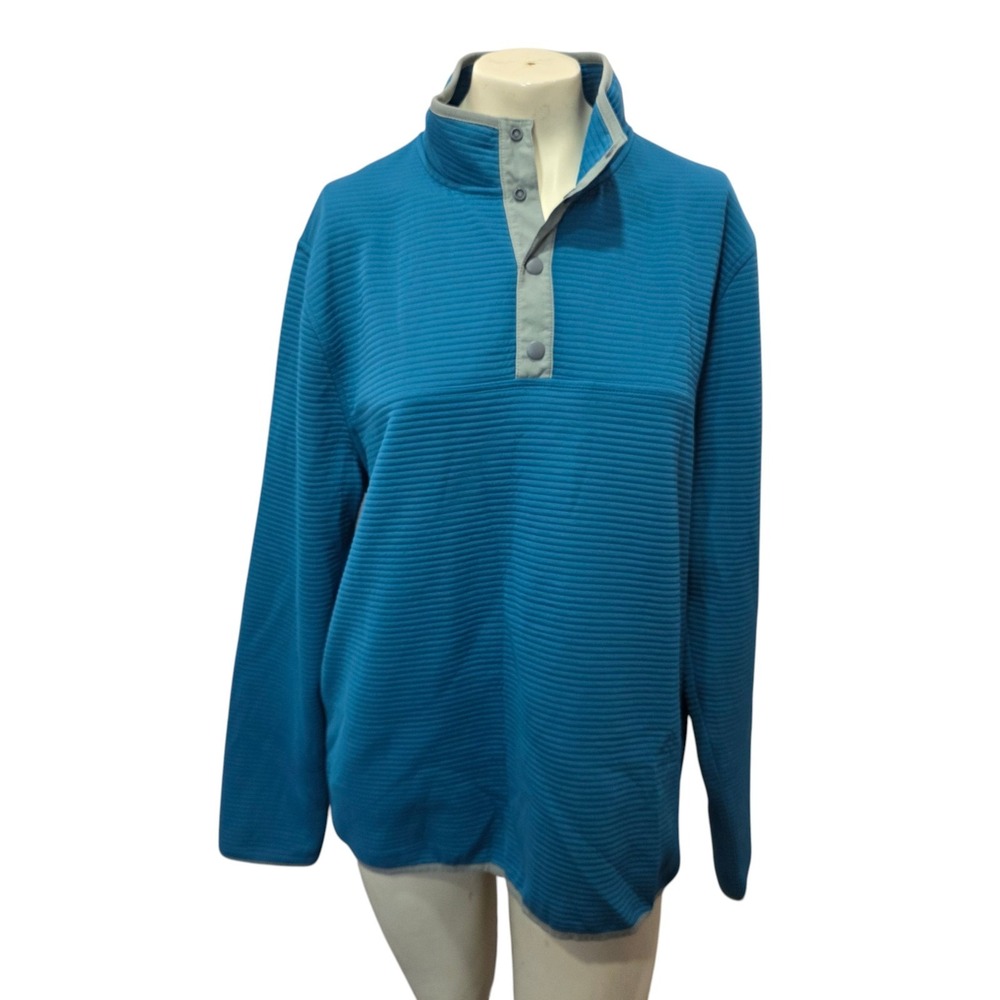 J.Crew Authentic Fleece Pullover Large Blue Snap Neck Ribbed Sweatshirt Top